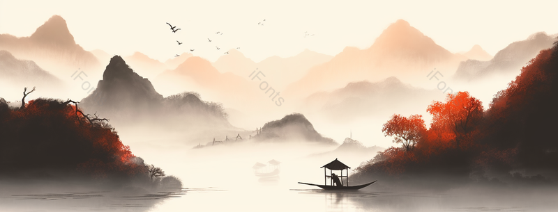 山水河流复古风意境自然景观中式风水墨画,插画/手绘图,插画/手绘图库,插画/手绘图下载,插画/手绘